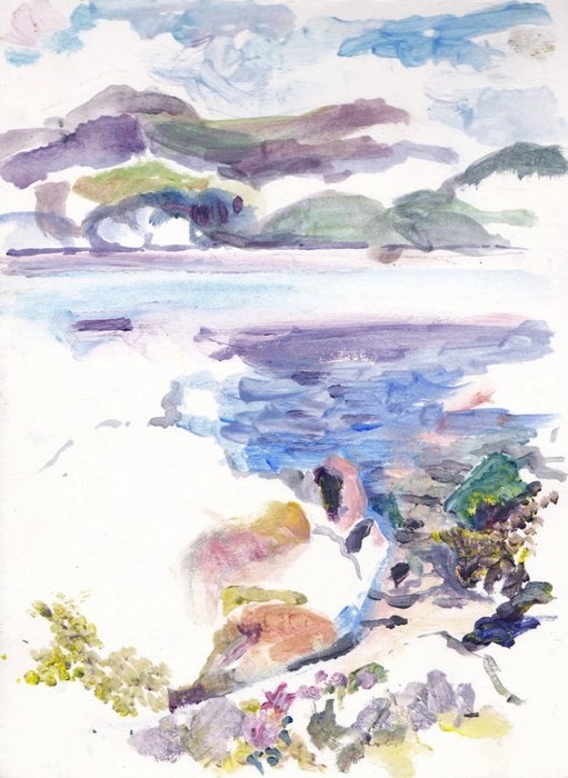Art Print made from an Original Seascape Painting. A painting of Isle of Iona in the Scottish Hebrides in Scotland with blues, greens and purples and the waves covering the rocks. This is printed into a high quality giclee Print available at Judi Glover Art.