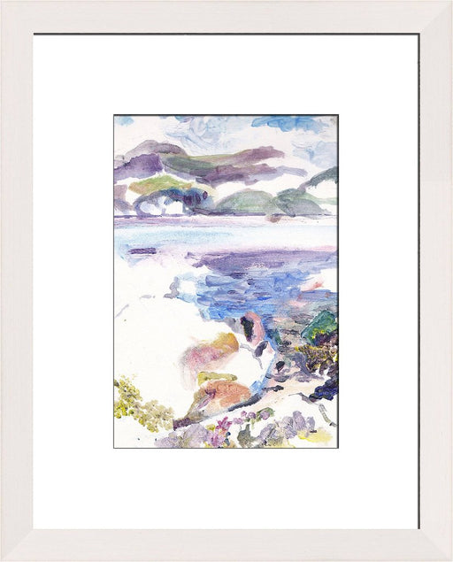 Art Print made from an Original Seascape Painting. A painting of Isle of Iona in the Scottish Hebrides in Scotland with blues, greens and purples and the waves covering the rocks. This is printed into a high quality giclee Print available at Judi Glover Art.