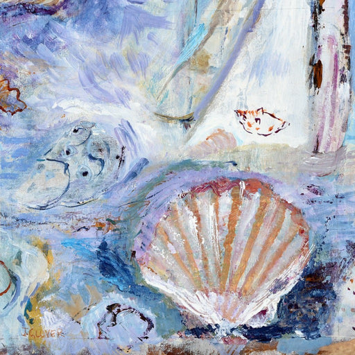 Fine Art Greeting Card called Seashells on the Seashore. A greeting card made from original art and an impressionistic painting of shells. The card is hand printed in the UK on 300 GSM Card and forms part of the seascape collection. Available at Judi Glover Art.