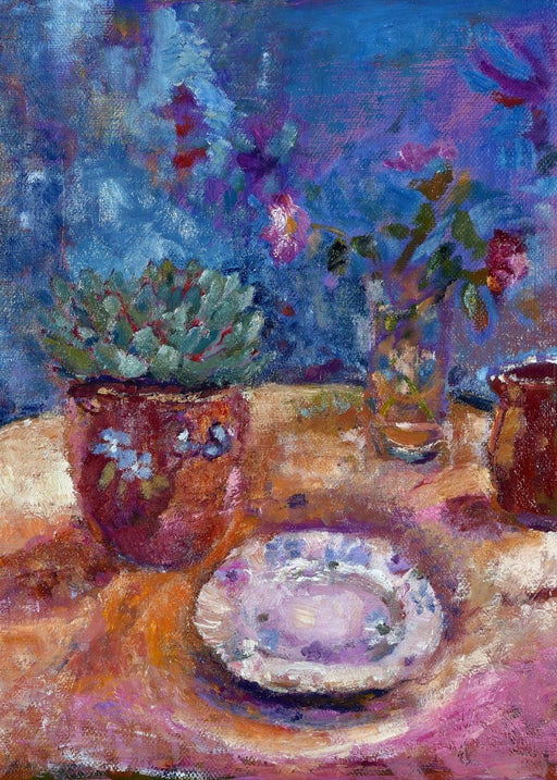 Fine art greeting card. Art card made from original art. A still life painting of sempervivum on a table with roses. This is available as a still life greeting card and still life art card. The original art painting card was made with oil paint on linen. Available at Judi Glover Art. Painted by Judi Glover.