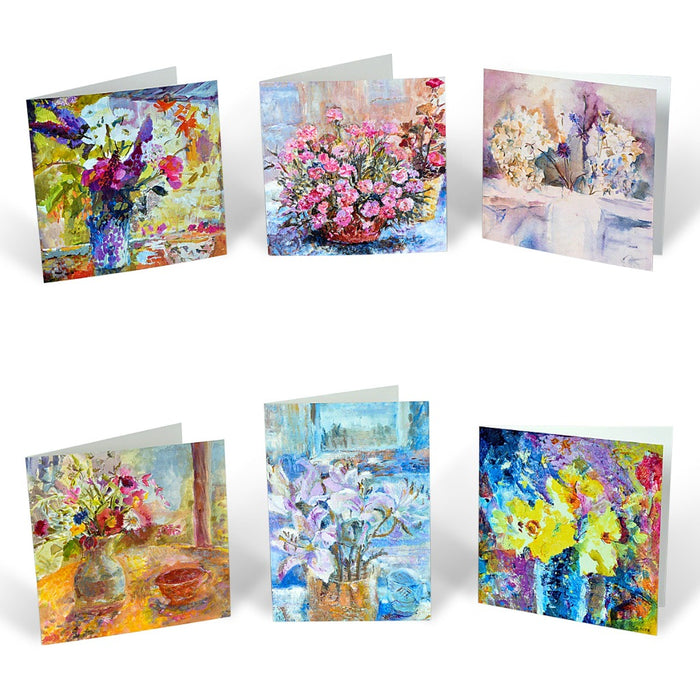 Set of floral greeting cards made from original paintings. Buddleia, Carnations, Hydrangeas, Summer flowers and Lilies all painted and made into a beautiful pack of 6 cards. Available at Judi Glover Art.