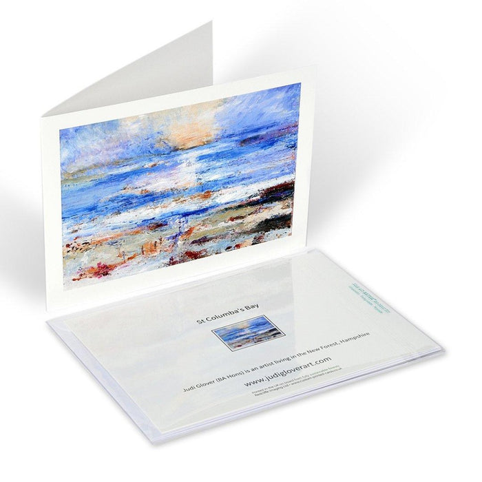 A set of greeting cards from original art. This set is hand printed from original art paintings of UK coastlines, seascapes and shells that have been collected and painted. The set has strong blues, painted in an impressionistic or fine art style by Judi Glover. 6 greeting cards from Original Art available at Judi glover art