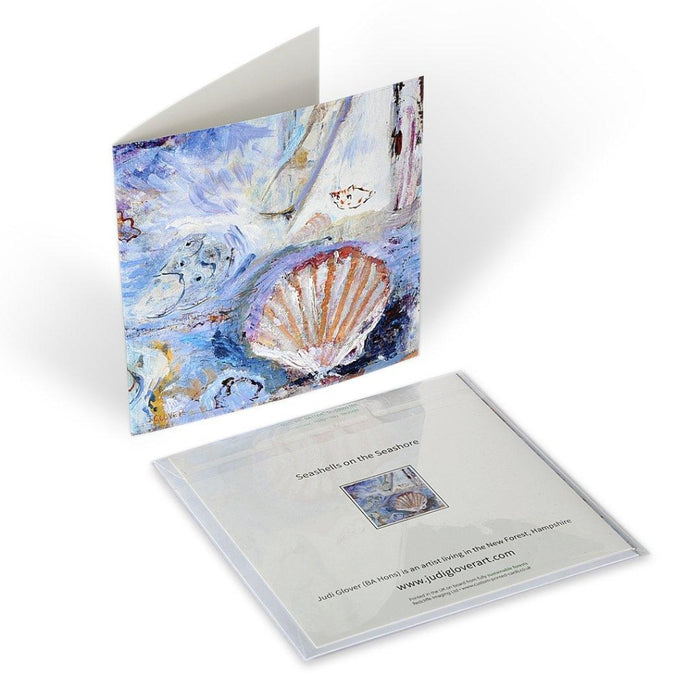 A set of greeting cards from original art. This set is hand printed from original art paintings of UK coastlines, seascapes and shells that have been collected and painted. The set has strong blues, painted in an impressionistic or fine art style by Judi Glover. 6 greeting cards from Original Art available at Judi glover art
