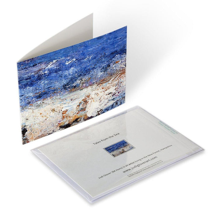 A set of greeting cards from original art. This set is hand printed from original art paintings of UK coastlines, seascapes and shells that have been collected and painted. The set has strong blues, painted in an impressionistic or fine art style by Judi Glover. 6 greeting cards from Original Art available at Judi glover art