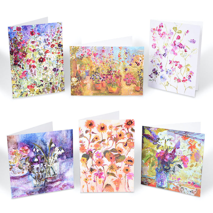 A collection of seasonal flowers greeting cards to chose from, showing potted plants to exuberant wild flowers. The pack of greeting cards are blank inside