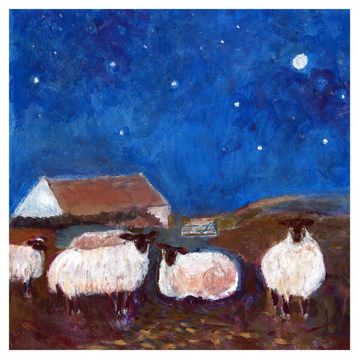 A sheep wall art print. Art print of sheep under the stars. Available in 30 x 30, 40 x 40, 50 x 50. The print of sheep can be bought unframed. The print of sheep can be framed in white, grey or dark grey. Available from UK Artist Judi Glover at Judi Glover Art.