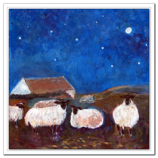 A sheep wall art canvas print. Art canvas print of sheep under the stars. Available in 30 x 30, 40 x 40, 50 x 50. The print of sheep can be bought as an unframed canvas print. The print of sheep can be framed in white. Available from UK Artist Judi Glover at Judi Glover Art.