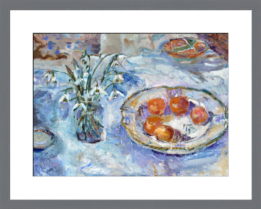 Snowdrops still life Fine Art Print. Still life fine art print made from original art. This still life art print with snowdrops is available as a unframed fine art print. The fine art print is available as a framed art print. Fine Art prints from Original art by UK artist Judi Glover.