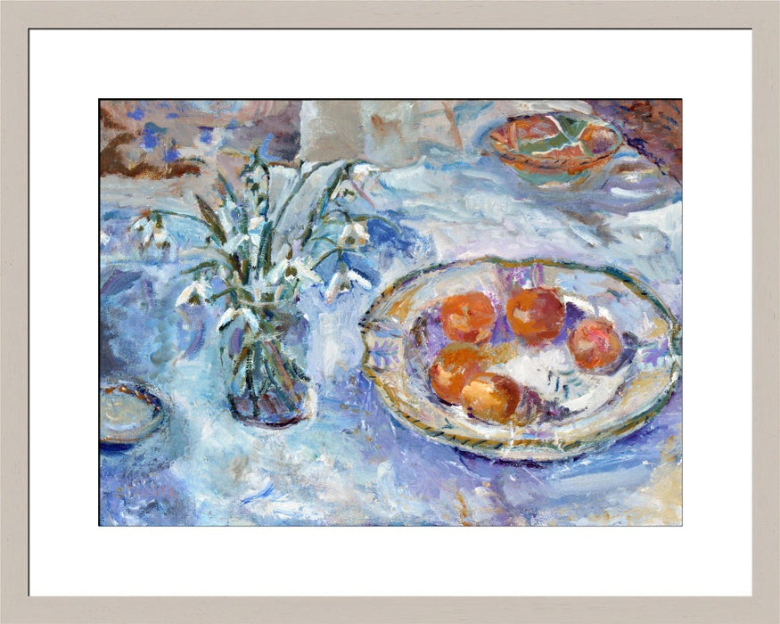 Snowdrops still life Fine Art Print. Still life fine art print made from original art. This still life art print with snowdrops is available as a unframed fine art print. The fine art print is available as a framed art print. Fine Art prints from Original art by UK artist Judi Glover.