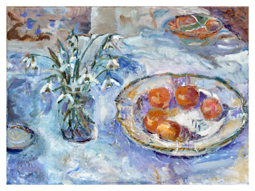Snowdrops still life Fine Art Print. Still life fine art print made from original art. This still life art print with snowdrops is available as a unframed fine art print. The fine art print is available as a framed art print. Fine Art prints from Original art by UK artist Judi Glover.