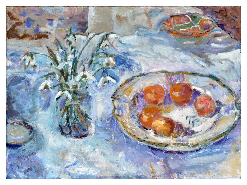 Snowdrops still life Fine Art Print. Still life fine art print made from original art. This still life art print with snowdrops is available as a unframed fine art print. The fine art print is available as a framed art print. Fine Art prints from Original art by UK artist Judi Glover.