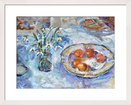 Snowdrops still life Fine Art Print. Still life fine art print made from original art. This still life art print with snowdrops is available as a unframed fine art print. The fine art print is available as a framed art print. Fine Art prints from Original art by UK artist Judi Glover.
