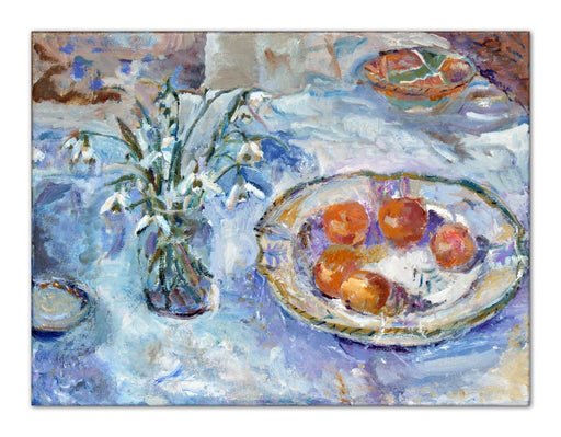 Snowdrops Canvas Print. Still life canvas print showing snowdrops and clementines on a table. Canvas Print made from original painting of snowdrops. Canvas Print from original art. Available at Judi Glover Art. Original Painting by Judi Glover. Used for Wall Art.