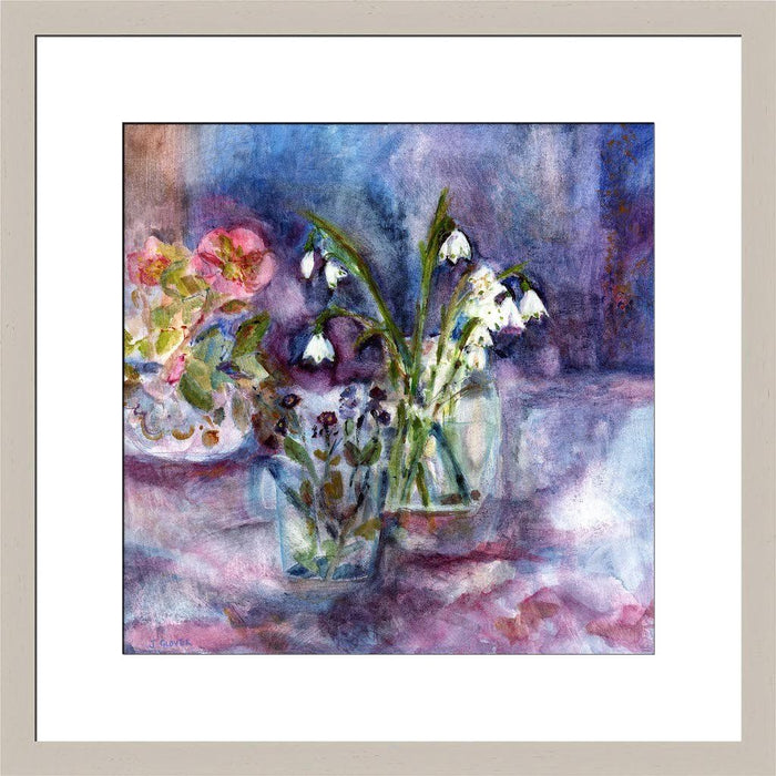 Forget me not wall art from www.judigloverart.com. The flower wall art shows snowdrops, forget me nots and hellebores. Each flower wall art print is made from a watercolour painting
