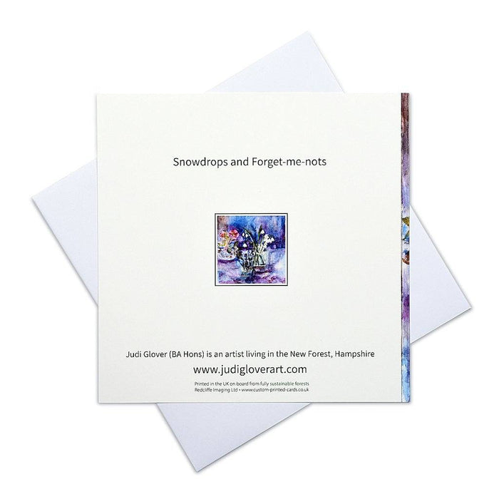 Art greeting card to buy online at Judi Glover Art. The forget me not card has spring flowers and is a blank card with envelopes measuring 150 cms x 150 cms