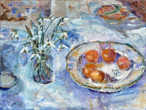 Snowdrops and clementines fine art oil painting by Judi Glover art. Oil on linen painting that is printed as an art card by Judi Glover Art