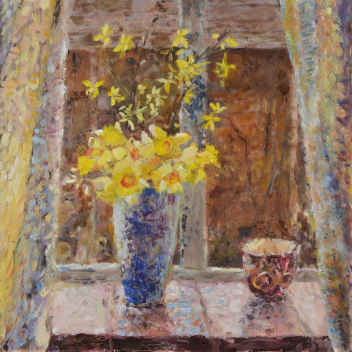 Fine art painting of Spring daffodils which was made using oil on linen and available as a daffodil card at Judi Glover Art