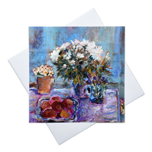 Fine art greeting card from Judi Glover Art with flowers. The artistic greeting card has a vase of Spring flowers and a bowl of apples