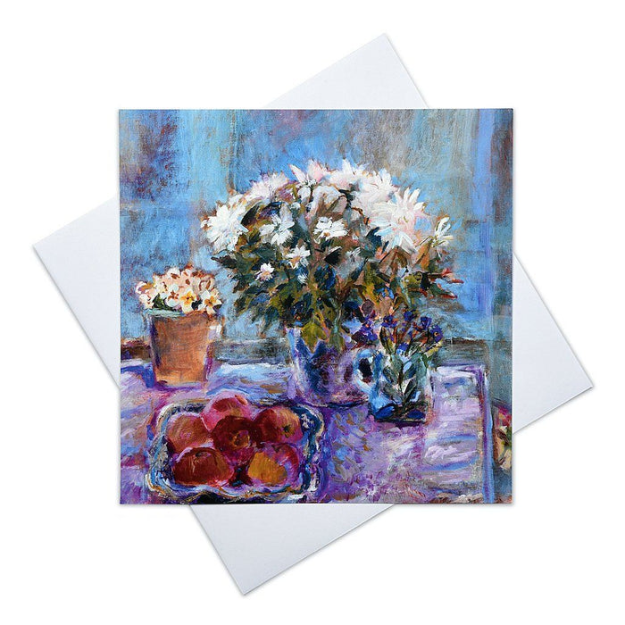Fine art greeting card from Judi Glover Art with flowers. The artistic greeting card has a vase of Spring flowers and a bowl of apples