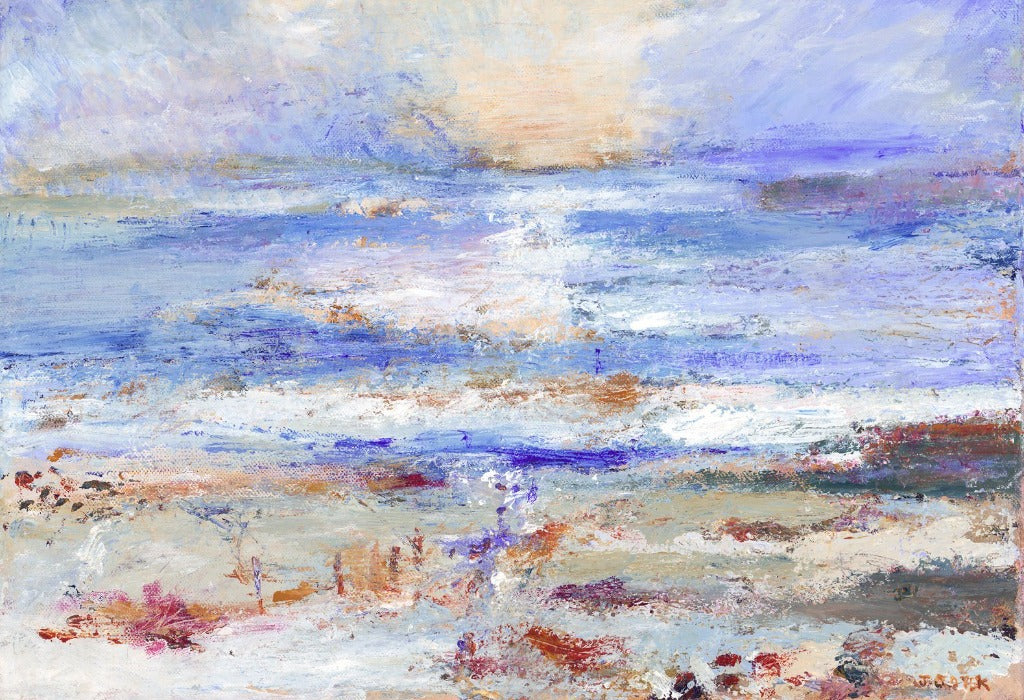 An artistic greeting card of a painting of the holy island of Iona in Scotland. Its quiet and reflective scene of sea and a sunset make this greeting card a thoughtful sympathy card or just to say thinking of you