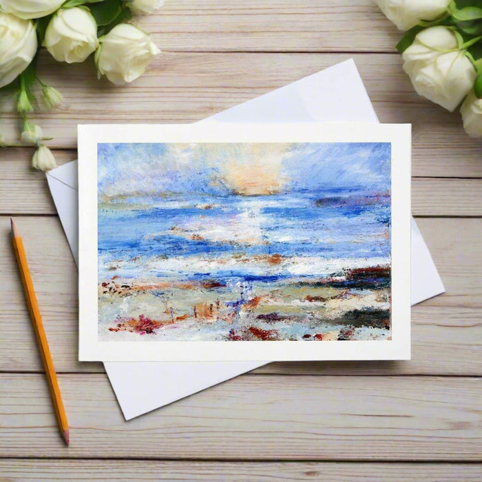 An original art greeting card made from a seascape painting of St Columba’s Bay Card. The beautiful, serene image makes this artistic greeting card perfect as a thoughful sympathy card or just to say thinking of you