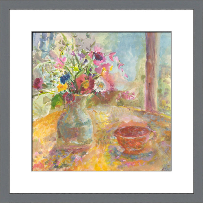Fine Art Print. Giclee Print made from original painting of a still life showing flowers on a table. Painting called Summer Flowers. Framed prints from original art. Available at Judi Glover Art. Original Painting by Judi Glover. Used for Wall Art.
