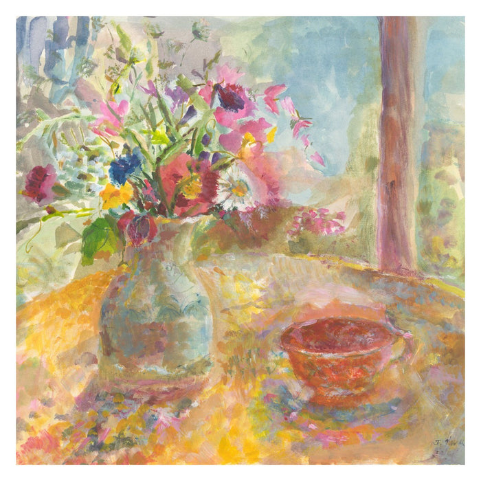 Fine Art Print. Floral Art Print made from a still life painting showing flowers in a vase on a table. The fine art print is called Summer Flowers which is available as a framed print of flowers. The print of flowers by Judi Glover Art is used for floral Wall Art.