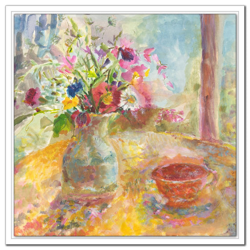 Still life Canvas Print. Floral canvas print from original painting of a still life showing flowers in a vase on a table. The painting of Summer Flowers is printed as a canvas prints from original art it is available online at Judi Glover Art as a still life canvas print used for Wall Art.