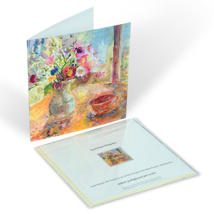Fine art greeting card showing summer flowers by Judi Glover Art. The summer flowers greeting card is blank with envelopes and measures 6 x 6