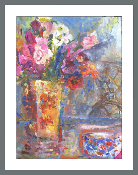 Floral Fine Art Print. Giclee Print made from original painting of flowers in a vase on a table. Framed Print of flowers. Framed prints from original art by UK Artist. Available at Judi Glover Art. Original Painting by Judi Glover. Used for Wall Art.