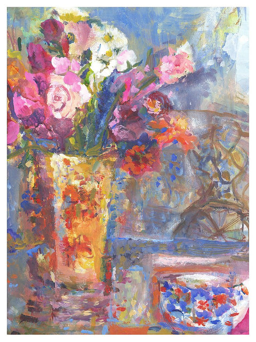 Fine Art Print of flowers in a vase on a table. Framed Print of flowers from original art by UK Artist available at Judi Glover Art. Floral Prints from Original Painting by Judi Glover which are used for Wall Art.