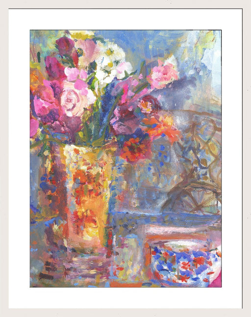 Fine Art Print. Giclee Print made from original painting of flowers in a vase on a table. Framed Print of flowers. Framed prints from original art by UK Artist. Available at Judi Glover Art. Original Painting by Judi Glover. Used for Wall Art.