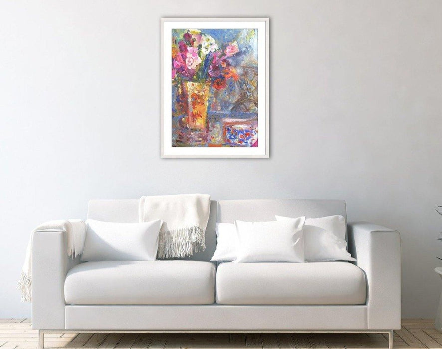 Floral Fine Art Print of flowers in a vase on a table. Framed Print of flowers from original art by UK Artist. Available at Judi Glover Art and used for Wall Art.