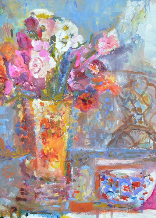 Fine Art Card made from original painting of flowers in a vase on a table with a chair in the background