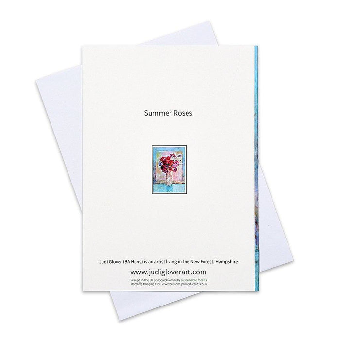 Red roses card online at www.judigloverart.com. The special greeting card is from original art by judi glover and has red roses in a vase on a table