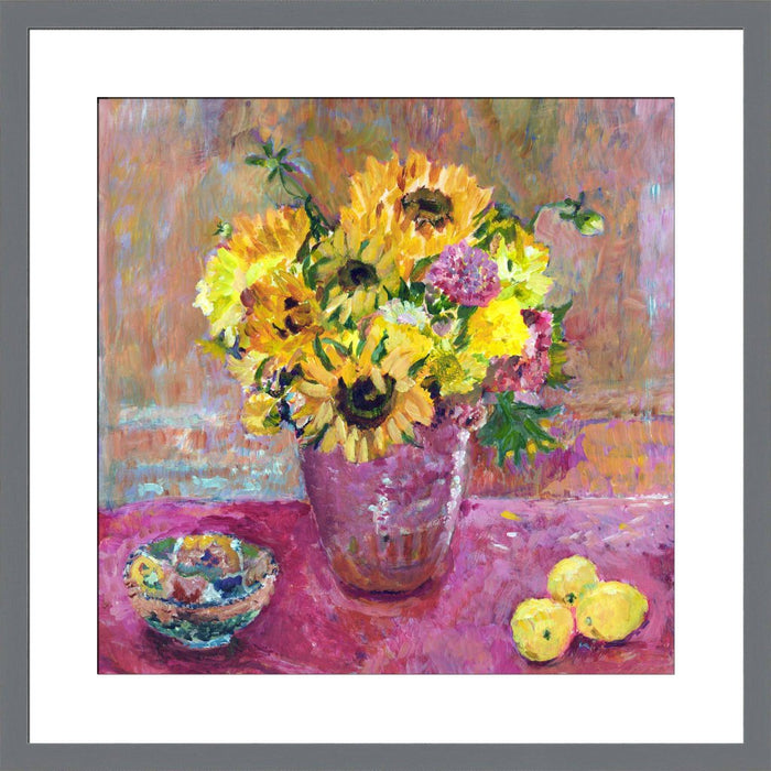 Sunflower Fine Art Print. Sunflowers and dahlias fine art print made from original art. This giclee art print is available as a unframed fine art print. The fine art print is available as a framed art print. Fine Art prints from Original art by UK artist Judi Glover.