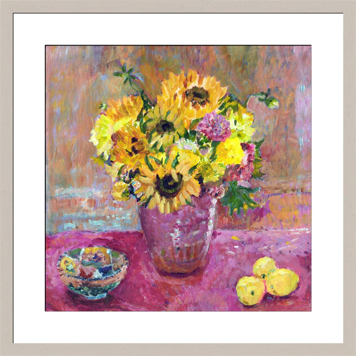 Sunflower Fine Art Print. Sunflowers and dahlias fine art print made from original art. This giclee art print is available as a unframed fine art print. The fine art print is available as a framed art print. Fine Art prints from Original art by UK artist Judi Glover.
