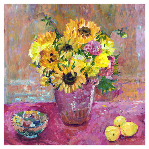 Sunflower Fine Art Print. Sunflowers and dahlias fine art print made from original art. This giclee art print is available as a unframed fine art print. The fine art print is available as a framed art print. Fine Art prints from Original art by UK artist Judi Glover. 