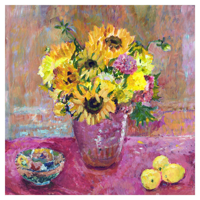 Sunflower Fine Art Print. Sunflowers and dahlias fine art print made from original art. This giclee art print is available as a unframed fine art print. The fine art print is available as a framed art print. Fine Art prints from Original art by UK artist Judi Glover.
