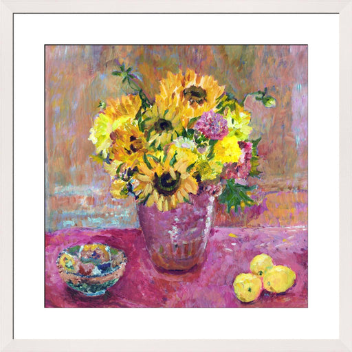 Sunflower Fine Art Print. Sunflowers and dahlias fine art print made from original art. This giclee art print is available as a unframed fine art print. The fine art print is available as a framed art print. Fine Art prints from Original art by UK artist Judi Glover.
