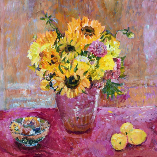 Original Art Painting Card made from an Original Painting of Sunflowers and Dahlias. Available as a Fine Art Greeting Card. This Artistic Card was painted by Judi Glover and available at Judi Glover Art.