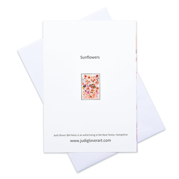 Sunflowers card from www.judigloverart.com. Each floral card is blank inside for your own message. The flower card is printed from a painting showing a bunch sunflowers in the sun