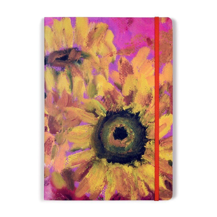 Beautiful notebook with a cover showing sunflowers with a pink background. The floral notebook by Judi Glover Art has 120 lined pages and is A5 in size