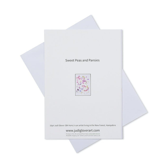 Greeting card by www.judigoverart.com. The pretty card is made in the UK by artist Judi Glover. Each pansies card is blank inside with an envelope