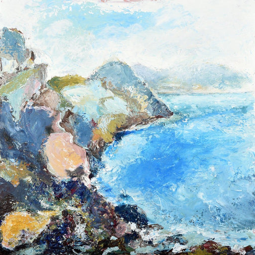 Original Painting from which a Art Greeting Card was made. Fine Art Greeting Card made from an original painting of the Wilderness Coast in Exmoor UK. Picture of the coastline with blue seas and colourful coastlines. Available at Judi Glover Art.