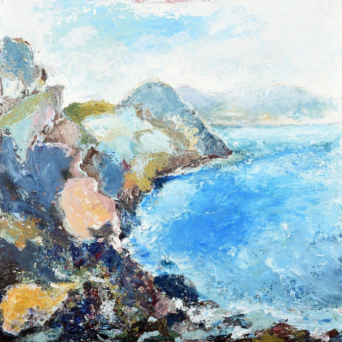 Original Painting from which a Art Greeting Card was made. Fine Art Greeting Card made from an original painting of the Wilderness Coast in Exmoor UK. Picture of the coastline with blue seas and colourful coastlines. Available at Judi Glover Art.