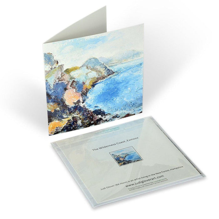 Original Art Greeting Card. Fine Art Greeting Card made from an original painting of the Wilderness Coast in Exmoor UK. Picture of the coastline with blue seas and colourful coastlines. Available at Judi Glover Art.