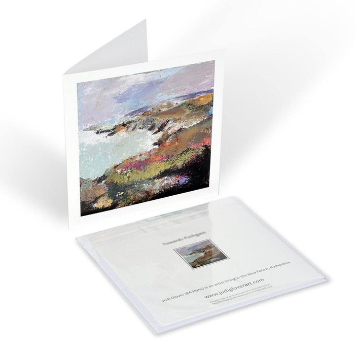 Fine art greeting card of Porthgain in Pembrokeshire by Judi Glover Art. The art cards are from a painting of a coastal view showing the landscape and seascape. The coastal cards are blank cards with envelopes