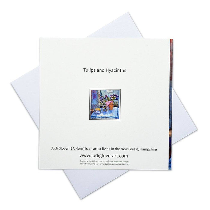 Original art greeting card available online at Judi Glover Art. Each hyacinths greeting card is made from a painting of tulips and hyacinths by Judi Glover