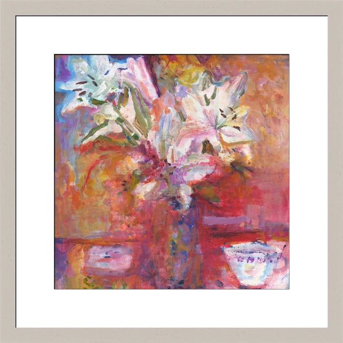 Fine Art Print of white lilies. Floral Print made from original painting of Lillies in a vase. Painting called White Lilies available as a Framed floral prints from original art at Judi Glover Art. Original Paintings of flowers by Judi Glover for floral Wall Art. 